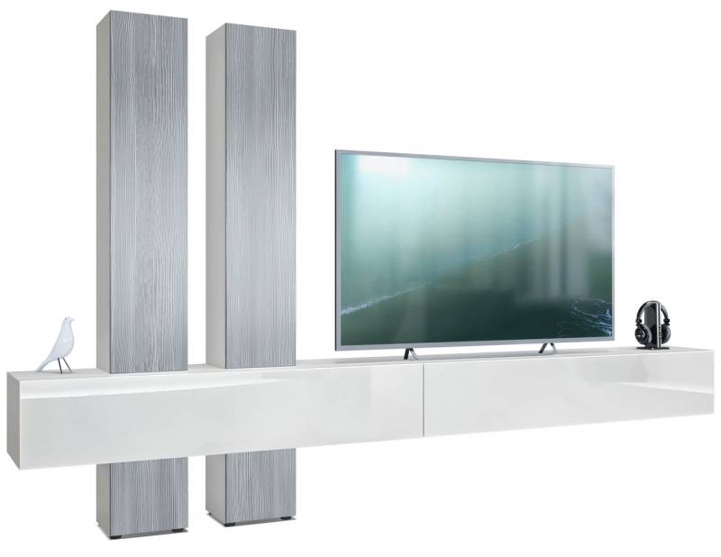 Vladon Wohnwand Moja, (Anbauwand, mit Rückwand mit 4 Türen und 2 Klappen), Weiß matt/Weiß Hochglanz und Avola-Anthrazit (330 x 204 x 39 cm) von Vladon