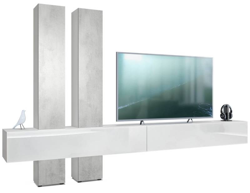 Vladon Wohnwand Moja, (Anbauwand, mit Rückwand mit 4 Türen und 2 Klappen), Weiß matt/Weiß Hochglanz und Beton Oxid Optik (330 x 204 x 39 cm) von Vladon