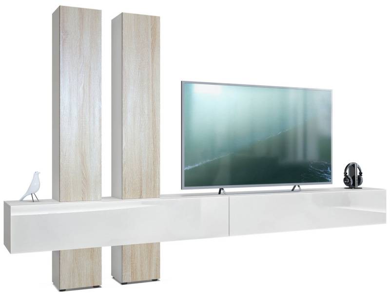 Vladon Wohnwand Moja, (Anbauwand, mit Rückwand mit 4 Türen und 2 Klappen), Weiß matt/Weiß Hochglanz und Eiche sägerau (330 x 204 x 39 cm) von Vladon