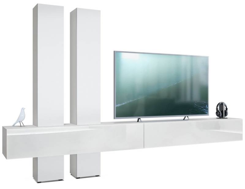 Vladon Wohnwand Moja, (Anbauwand, mit Rückwand mit 4 Türen und 2 Klappen), Weiß matt/Weiß Hochglanz und Weiß matt (330 x 204 x 39 cm) von Vladon