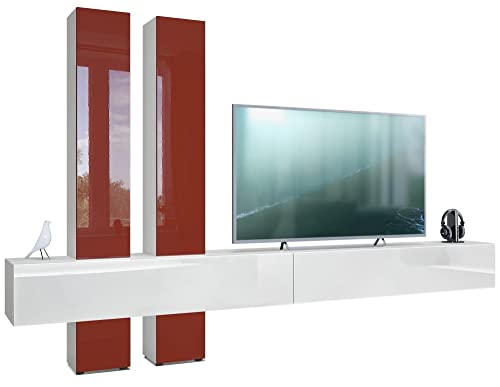 Vladon Wohnwand Moja, Made in Germany, Weiß matt & Weiß/Bordeaux Hochglanz - Moderne Anbauwand für Ihr Wohnzimmer (BxHxT) 330 x 204 x 39 cm von Vladon