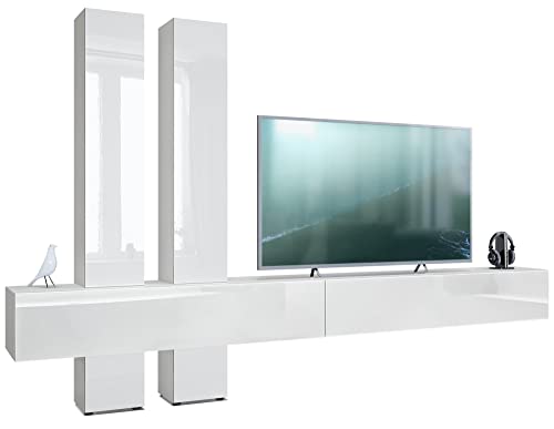 Vladon Wohnwand Moja, Made in Germany, Weiß matt & Weiß/Weiß Hochglanz - Moderne Anbauwand für Ihr Wohnzimmer (BxHxT) 330 x 204 x 39 cm von Vladon
