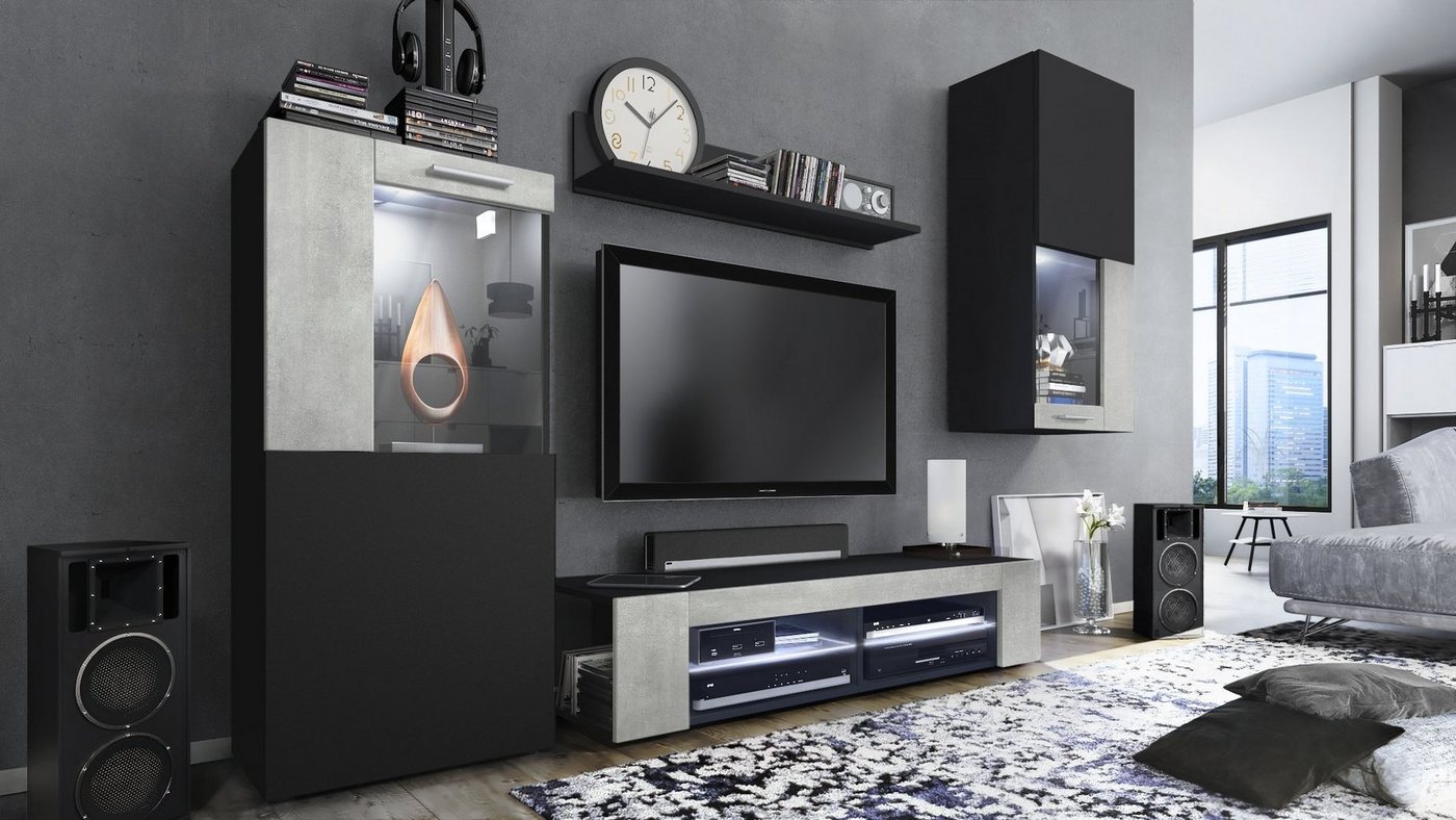 Vladon Wohnwand Movie, (Anbauwand, 5-St., bestehend aus 1 TV-Board, 2 Vitrinen und 1 Regal), Schwarz matt/Beton Oxid-Optik mit Beleuchtung (300x190x39 cm) von Vladon