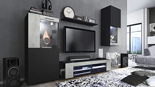 Vladon Wohnwand Movie, Anbauwand bestehend aus 1 TV-Board, 2 Vitrinen und 1 Regal, Schwarz matt/Schwarz matt/Beton Oxid-Optik, inkl. LED-Beleuchtung weiß (Gesamt: 300 x 190 x 39 cm) von Vladon