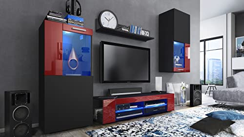 Vladon Wohnwand Movie, Anbauwand bestehend aus 1 TV-Board, 2 Vitrinen und 1 Regal, Schwarz matt/Schwarz matt/Bordeaux Hochglanz, inkl. LED-Beleuchtung blau (Gesamt: 300 x 190 x 39 cm) von Vladon