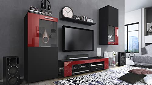 Vladon Wohnwand Movie, Anbauwand bestehend aus 1 TV-Board, 2 Vitrinen und 1 Regal, Schwarz matt/Schwarz matt/Bordeaux Hochglanz (Gesamt: 300 x 190 x 39 cm) von Vladon