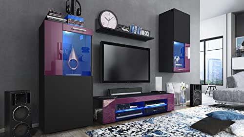 Vladon Wohnwand Movie, Anbauwand bestehend aus 1 TV-Board, 2 Vitrinen und 1 Regal, Schwarz matt/Schwarz matt/Brombeer Hochglanz, inkl. LED-Beleuchtung in Blau (Gesamt: 300 x 190 x 39 cm) von Vladon