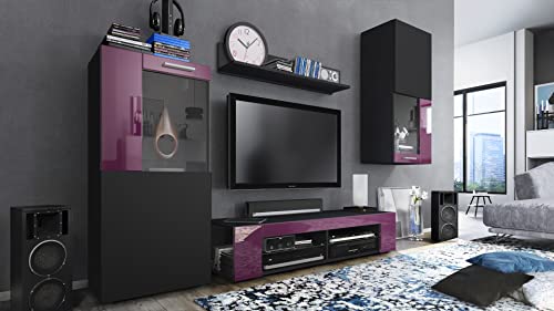 Vladon Wohnwand Movie, Anbauwand bestehend aus 1 TV-Board, 2 Vitrinen und 1 Regal, Schwarz matt/Schwarz matt/Brombeer Hochglanz (Gesamt: 300 x 190 x 39 cm) von Vladon