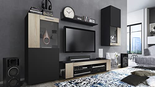 Vladon Wohnwand Movie, Anbauwand bestehend aus 1 TV-Board, 2 Vitrinen und 1 Regal, Schwarz matt/Schwarz matt/Eiche Sägegrau (Gesamt: 300 x 190 x 39 cm) von Vladon