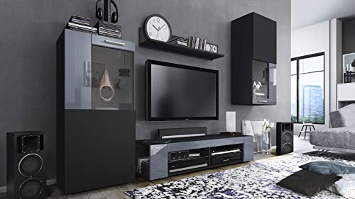 Vladon Wohnwand Movie, Anbauwand bestehend aus 1 TV-Board, 2 Vitrinen und 1 Regal, Schwarz matt/Schwarz matt/Grau Hochglanz (Gesamt: 300 x 190 x 39 cm) von Vladon