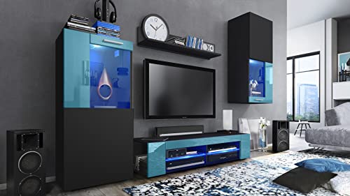 Vladon Wohnwand Movie, Anbauwand bestehend aus 1 TV-Board, 2 Vitrinen und 1 Regal, Schwarz matt/Schwarz matt/Petrol Hochglanz, inkl. LED-Beleuchtung blau (Gesamt: 300 x 190 x 39 cm) von Vladon