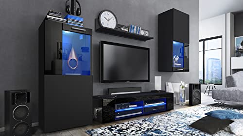 Vladon Wohnwand Movie, Anbauwand bestehend aus 1 TV-Board, 2 Vitrinen und 1 Regal, Schwarz matt/Schwarz matt/Schwarz Hochglanz, inkl. LED-Beleuchtung blau (Gesamt: 300 x 190 x 39 cm) von Vladon