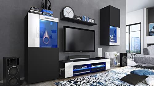 Vladon Wohnwand Movie, Anbauwand bestehend aus 1 TV-Board, 2 Vitrinen und 1 Regal, Schwarz matt/Schwarz matt/Weiß Hochglanz, inkl. LED-Beleuchtung blau (Gesamt: 300 x 190 x 39 cm) von Vladon