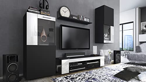 Vladon Wohnwand Movie, Anbauwand bestehend aus 1 TV-Board, 2 Vitrinen und 1 Regal, Schwarz matt/Schwarz matt/Weiß Hochglanz (Gesamt: 300 x 190 x 39 cm) von Vladon