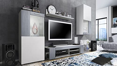 Vladon Wohnwand Movie, Anbauwand bestehend aus 1 TV-Board, 2 Vitrinen und 1 Regal, Weiß matt/Weiß matt/Avola-Anthrazit (Gesamt: 300 x 190 x 39 cm) von Vladon