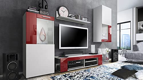 Vladon Wohnwand Movie, Anbauwand bestehend aus 1 TV-Board, 2 Vitrinen und 1 Regal, Weiß matt/Weiß matt/Bordeaux Hochglanz (Gesamt: 300 x 190 x 39 cm) von Vladon