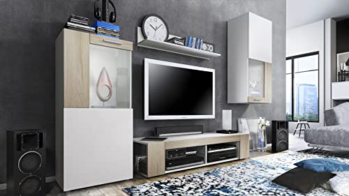 Vladon Wohnwand Movie, Anbauwand bestehend aus 1 TV-Board, 2 Vitrinen und 1 Regal, Weiß matt/Weiß matt/Eiche Sägegrau (Gesamt: 300 x 190 x 39 cm) von Vladon