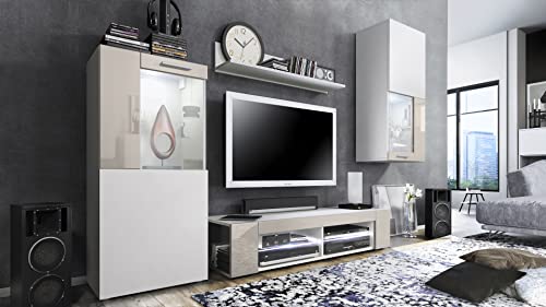 Vladon Wohnwand Movie, Anbauwand bestehend aus 1 TV-Board, 2 Vitrinen und 1 Regal, Weiß matt/Weiß matt/Sandgrau Hochglanz, inkl. LED-Beleuchtung weiß (Gesamt: 300 x 190 x 39 cm) von Vladon