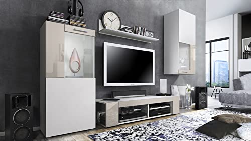 Vladon Wohnwand Movie, Anbauwand bestehend aus 1 TV-Board, 2 Vitrinen und 1 Regal, Weiß matt/Weiß matt/Sandgrau Hochglanz (Gesamt: 300 x 190 x 39 cm) von Vladon