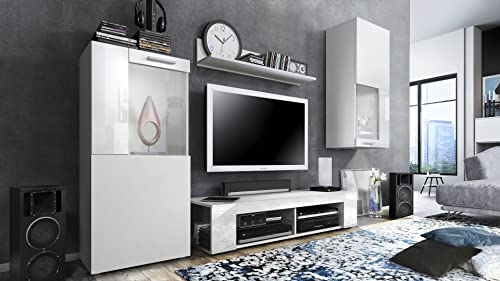 Vladon Wohnwand Movie, Anbauwand bestehend aus 1 TV-Board, 2 Vitrinen und 1 Regal, Weiß matt/Weiß matt/Weiß Hochglanz (Gesamt: 300 x 190 x 39 cm) von Vladon