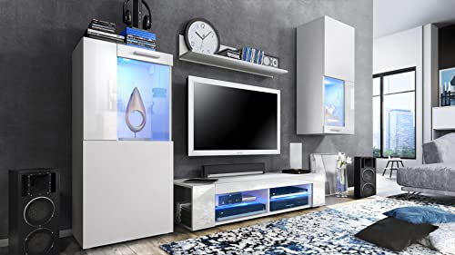 Vladon Wohnwand Movie, Anbauwand bestehend aus 1 TV-Board, 2 Vitrinen und 1 Regal, Weiß matt/Weiß matt/Weiß Hochglanz inkl. LED-Beleuchtung blau (Gesamt: 300 x 190 x 39 cm) von Vladon