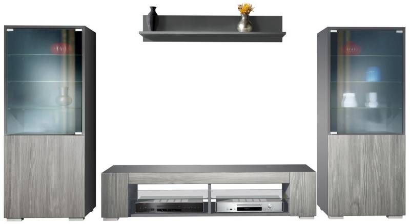 Vladon Wohnwand Nevada V2, (Anbauwand, bestehend aus 2 Vitrinen, 1 TV-Board und 1 Wandregal), Anthrazit matt/Avola-Anthrazit (304,5 x 141 x 39 cm) von Vladon