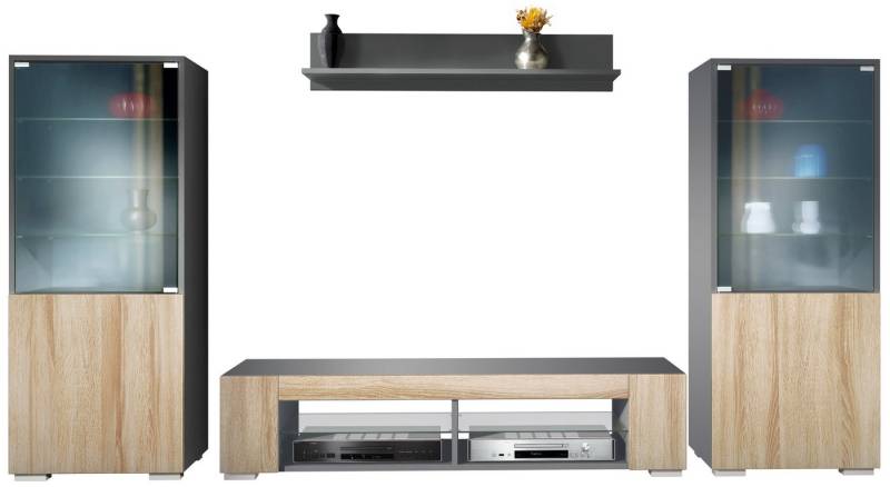 Vladon Wohnwand Nevada V2, (Anbauwand, bestehend aus 2 Vitrinen, 1 TV-Board und 1 Wandregal), Anthrazit matt/Eiche sägerau (304,5 x 141 x 39 cm) von Vladon