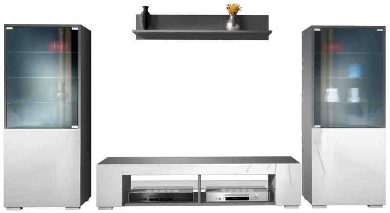 Vladon Wohnwand Nevada V2, (Anbauwand, bestehend aus 2 Vitrinen, 1 TV-Board und 1 Wandregal), Anthrazit matt/Weiß Hochglanz (304,5 x 141 x 39 cm) von Vladon
