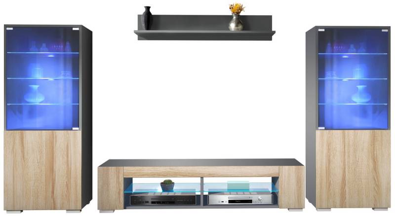 Vladon Wohnwand Nevada V2, (Anbauwand, bestehend aus 2 Vitrinen, 1 TV-Board und 1 Wandregal inkl. LED), Anthrazit matt/Eiche sägerau (304,5 x 141 x 39 cm) von Vladon