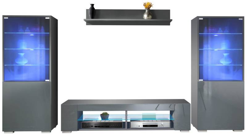 Vladon Wohnwand Nevada V2, (Anbauwand, bestehend aus 2 Vitrinen, 1 TV-Board und 1 Wandregal inkl. LED), Anthrazit matt/Grau Hochglanz (304,5 x 141 x 39 cm) von Vladon