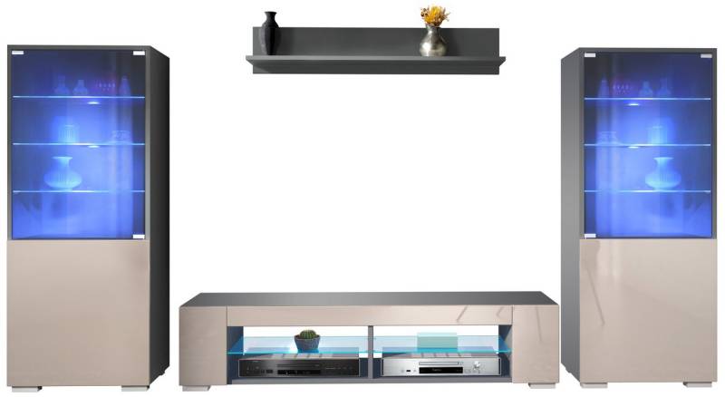 Vladon Wohnwand Nevada V2, (Anbauwand, bestehend aus 2 Vitrinen, 1 TV-Board und 1 Wandregal inkl. LED), Anthrazit matt/Sandgrau Hochglanz (304,5 x 141 x 39 cm) von Vladon