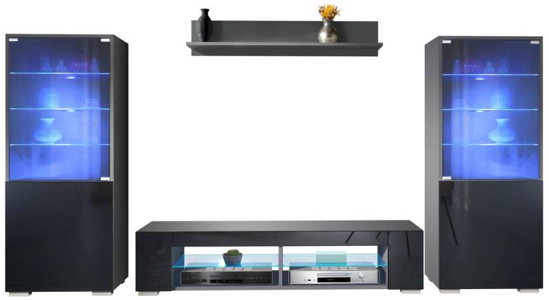 Vladon Wohnwand Nevada V2, (Anbauwand, bestehend aus 2 Vitrinen, 1 TV-Board und 1 Wandregal inkl. LED), Anthrazit matt/Schwarz Hochglanz (304,5 x 141 x 39 cm) von Vladon