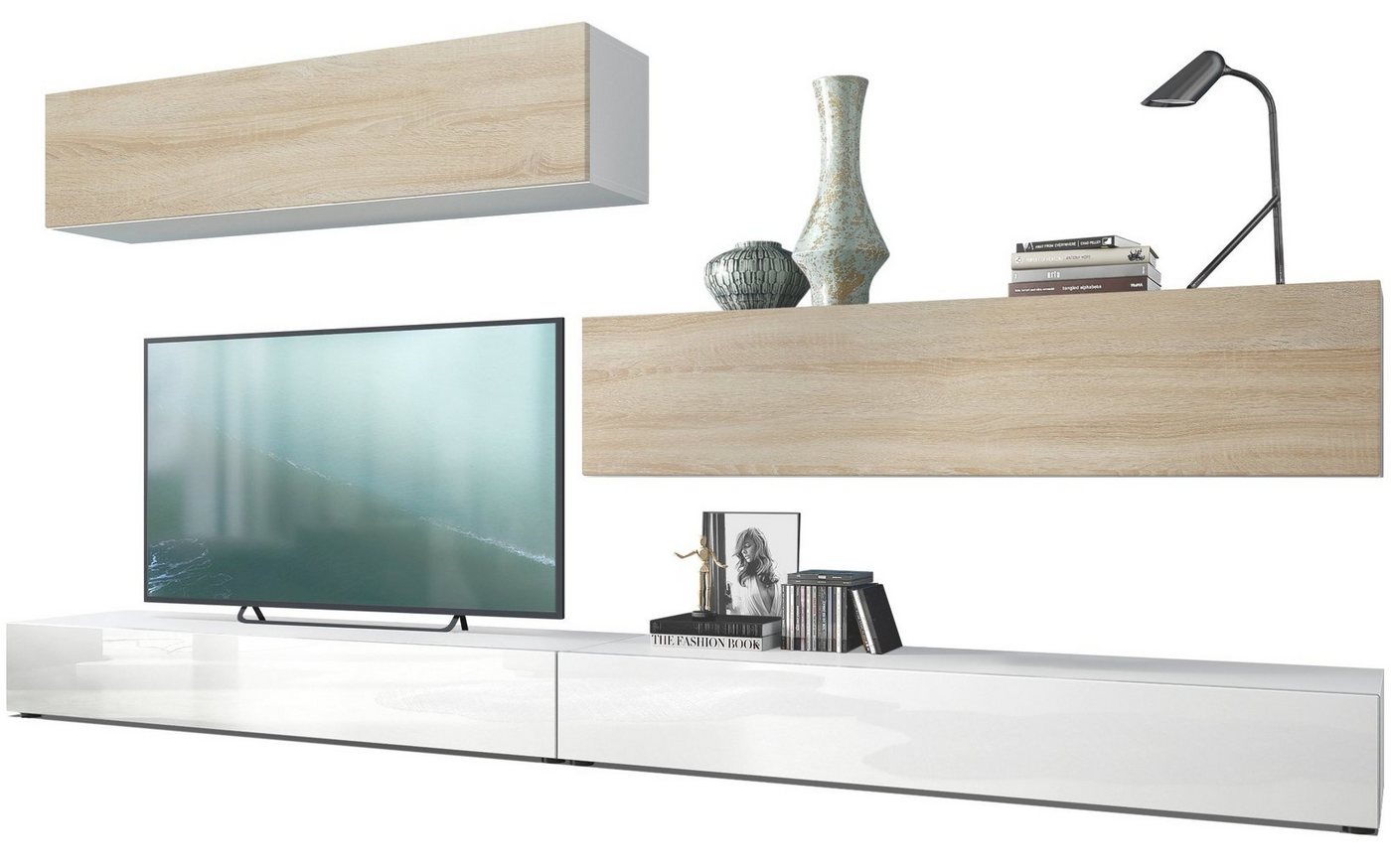 Vladon Wohnwand Nublo, (Anbauwand, mit Rückwand mit 2 Klappen und 2 Sockelelementen), Korpus Weiß matt, Weiß glänzend und Eiche Sägerau (280x147x39 cm) von Vladon