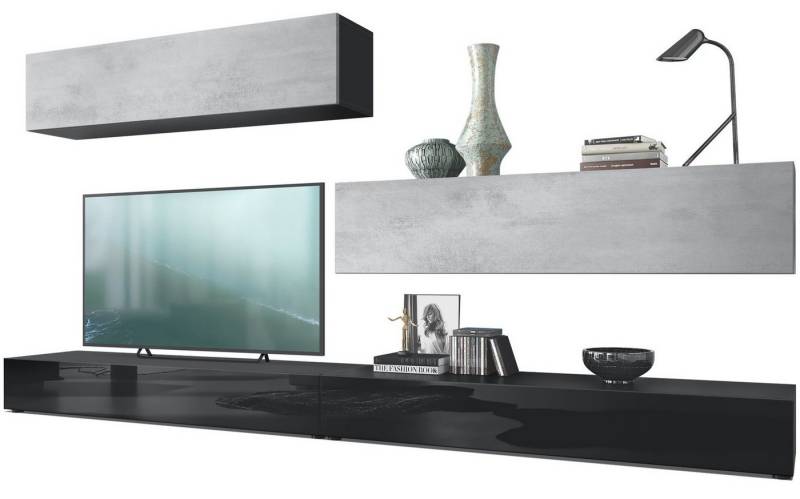 Vladon Wohnwand Nublo, (Anbauwand, mit Rückwand mit 2 Klappen und 2 Sockelelementen), Schwarz matt, Schwarz glänzend und Beton Oxid Optik (280x147x39 cm) von Vladon