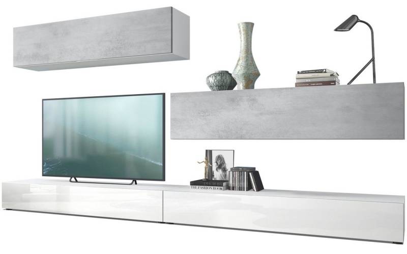 Vladon Wohnwand Nublo, (Anbauwand, mit Rückwand mit 2 Klappen und 2 Sockelelementen), Weiß matt, Fronten Weiß Hochglanz und Beton Oxid Optik (280x147x39 cm) von Vladon