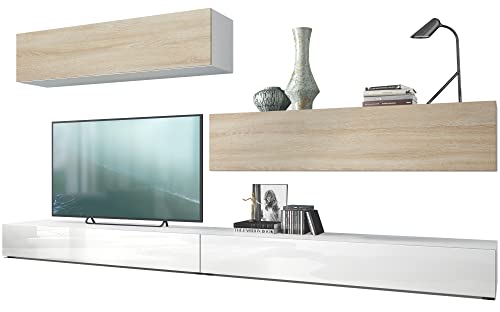 Vladon Wohnwand Nublo, Made in Germany, Anbauwand mit Rückwand mit 2 Klappen und 2 Sockelelementen, Korpus Weiß matt, Fronten Weiß Hochglanz und Eiche sägerau (280 x 147 x 39 cm) von Vladon