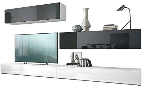 Vladon Wohnwand Nublo, Made in Germany, Anbauwand mit Rückwand mit 2 Klappen und 2 Sockelelementen, Korpus Weiß matt, Fronten Weiß Hochglanz und Schwarz Hochglanz (280 x 147 x 39 cm) von Vladon