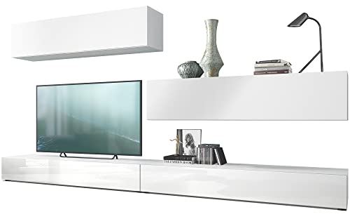 Vladon Wohnwand Nublo, Made in Germany, Anbauwand mit Rückwand mit 2 Klappen und 2 Sockelelementen, Korpus Weiß matt, Fronten Weiß Hochglanz und Weiß matt (280 x 147 x 39 cm) von Vladon