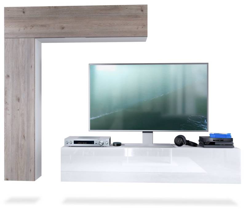 Vladon Wohnwand Taurito, (Anbauwand, mit Rückwand mit 2 Klappen und 1 Schrank), Weiß matt/Eiche Nordic (320 x 182 x 39 cm) von Vladon