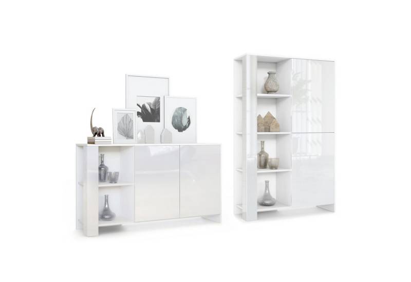 Vladon Wohnwand Venedig, (Wohnraum Set, bestehend aus 1 Highboard und 1 Sideboard), Weiß matt, Weiß Hochglanz, Weiß Hochglanz von Vladon