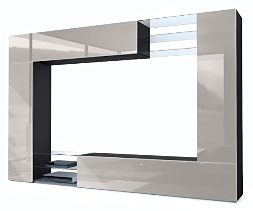 Vladon Wohnwand Mirage, Made in Germany, Anbauwand mit Rückwand mit 2 Türen, 2 Klappen und 6 offenen Glasablagen, Schwarz matt/Sandgrau Hochglanz (262 x 183 x 39 cm) von Vladon