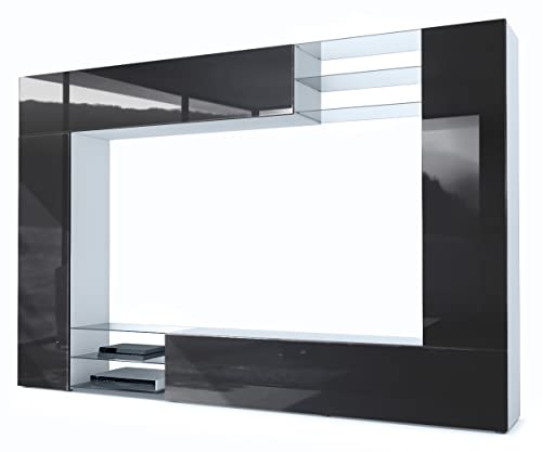 Vladon Wohnwand Mirage, Made in Germany, Anbauwand mit Rückwand mit 2 Türen, 2 Klappen und 6 offenen Glasablagen, Weiß matt/Schwarz Hochglanz (262 x 183 x 39 cm) von Vladon