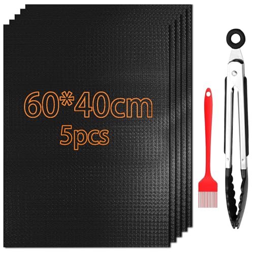 BBQ Grillmatte, BBQ Antihaft Grillmatten für Gasgrill 5er Set 40x60CM Grillmatten Grillplatte Gasgrill für Holzkohlegril, Backmatte Backpapier Wiederverwendbar, Grillplatte mit Pinsel & Clip von Vlecexs