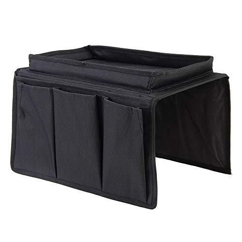 Vllcsla Sofa Armlehne Organizer mit Getränkehalter Tablett - Schlafsaal Schlafzimmer Bett Sofa Organizer Aufbewahrung Hängetasche für Telefon Magazin Bücher TV-Fernbedienung (Schwarz) von Vllcsla