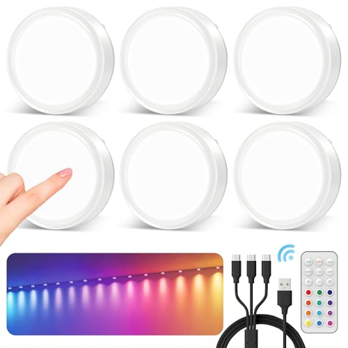 Dimmbar RGB LED Spot Akku - 1600mAh USB Aufladbar Farbwechsel Vitrinenbeleuchtung, LED Spot Batterie mit Fernbedienung und Timer Rund Unterbauleuchte Küche Ohne Kabel Magnetisch Touch Schrankleuchten von Vloee