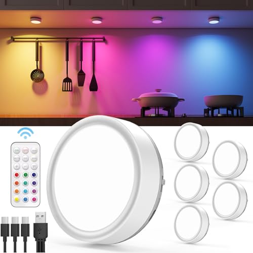 Dimmbar RGB LED Spot Akku - 2400mAh USB Aufladbar Farbwechsel Vitrinenbeleuchtung, LED Spot Batterie mit Fernbedienung und Timer Rund Unterbauleuchte Küche Ohne Kabel Magnetisch Touch Schrankleuchten von Vloee
