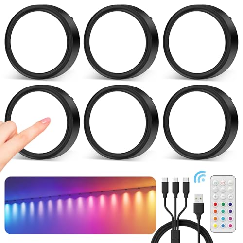 RGB LED Schrankbeleuchtung mit Fernbedienung, Akku LED Spot USB Aufladbar Vitrinenbeleuchtung LED Kabellos Rund Küchen Unterbauleuchte Farbwechsel Schranklicht Batterie Klebelampe Schrank Touch Lampe von Vloee