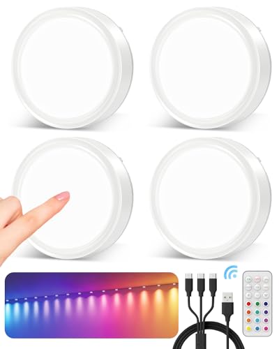 RGB LED Spot Akku USB Aufladbar, 1600mAh Batteriebetrieben Farbwechsel Vitrinenbeleuchtung Kabellos mit Fernbedienung und Timer, Dimmbar Unterbauleuchte Küche Rund Magnetisch Touch Schrankbeleuchtung von Vloee