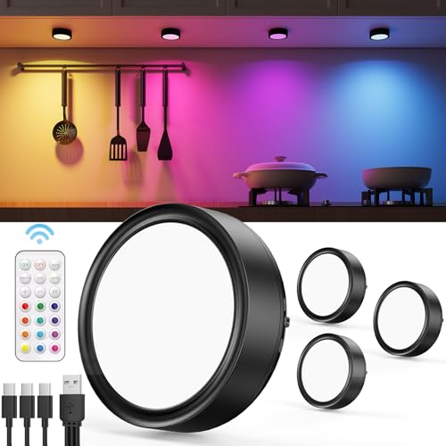 Vloee RGB LED Spot Akku mit Fernbedienung, 2400mAh USB Aufladbar Vitrinenbeleuchtung Kabellos Unterbauleuchte Küche LED Rund Farbwechsel Schrankleuchte Magnetisch Regalbeleuchtung Batterie Klebelicht von Vloee