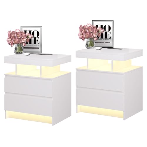 Vlsrka LED Nachttisch 2er Set mit Ladestation, Nachttisch mit 3 Farben Licht, Smart Nachttische mit Drahtloses Laden, Nachtkästchen mit 2 Schubladen, Moderner Nachtschrank 2er Set Schlafzimmer, Weiß Vlsrka LED Nachttisch 2er Set mit Ladestation, Nachttisch mit 3 Farben Licht, Smart Nachttische mit Drahtloses Laden, Nachtkästchen mit 2 Schubladen, Moderner Nachtschrank 2er Set Schlafzimmer, Weiß von Vlsrka